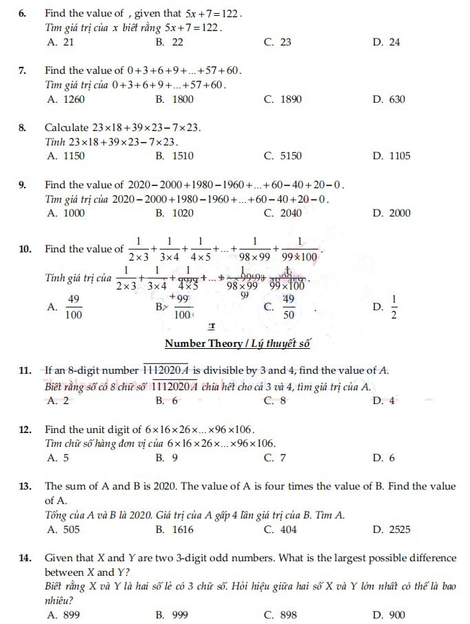 Đề thi Toán TIMO lớp 5 vòng loại