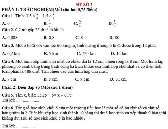 Đề thi tuyển sinh vào lớp 6