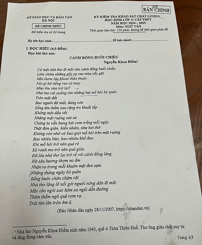 Đề thi khảo sát lớp 11 môn Văn 2025