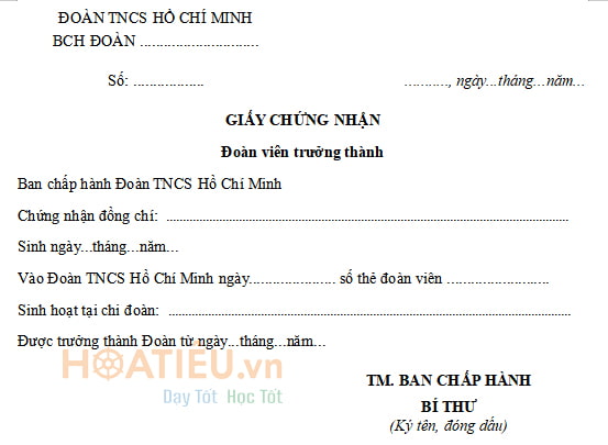 Mẫu giấy chứng nhận là đoàn viên trưởng thành