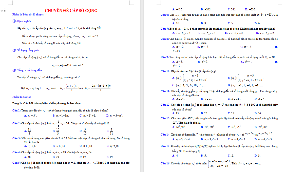 Chuyên đề Cấp số cộng và cấp số nhân