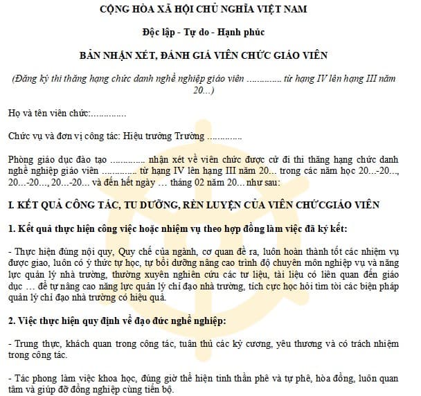 Bản nhận xét, đánh giá về các tiêu chuẩn, điều kiện của giáo viên đăng ký dự xét thăng hạng CDNN