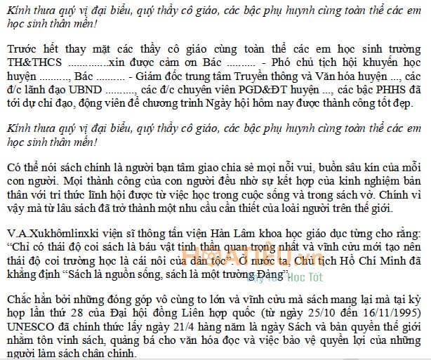 Bài phát biểu khai mạc ngày hội đọc sách