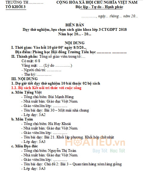 Biên bản nhận xét tiết dạy thử nghiệm sách giáo khoa lớp 3