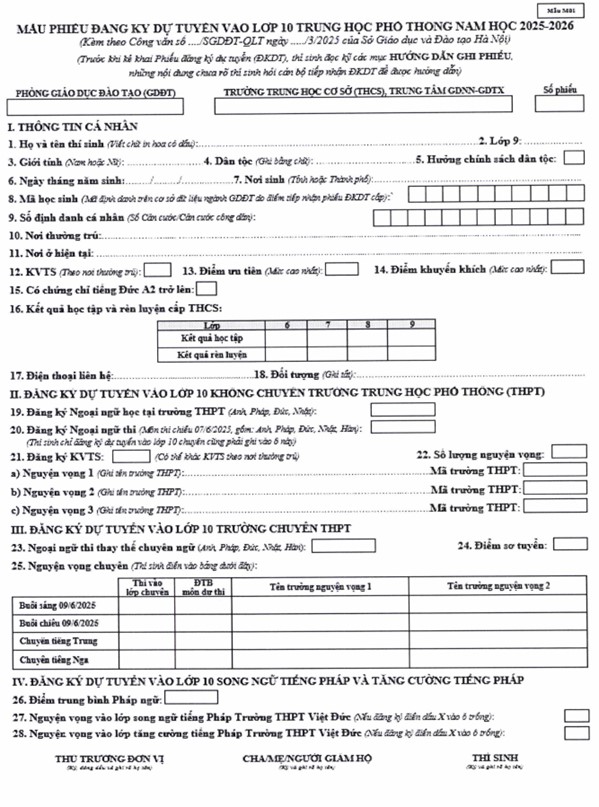 Mẫu phiếu đăng ký dự tuyển vào lớp 10 Hà Nội 2025