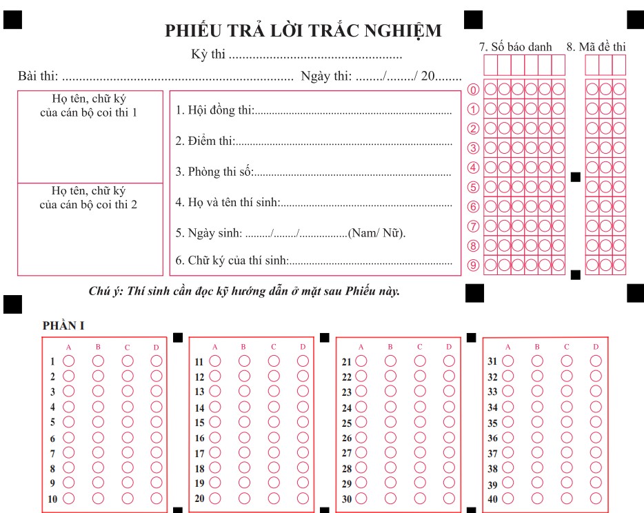 Mẫu phiếu trả lời trắc nghiệm thi tốt nghiệp THPT