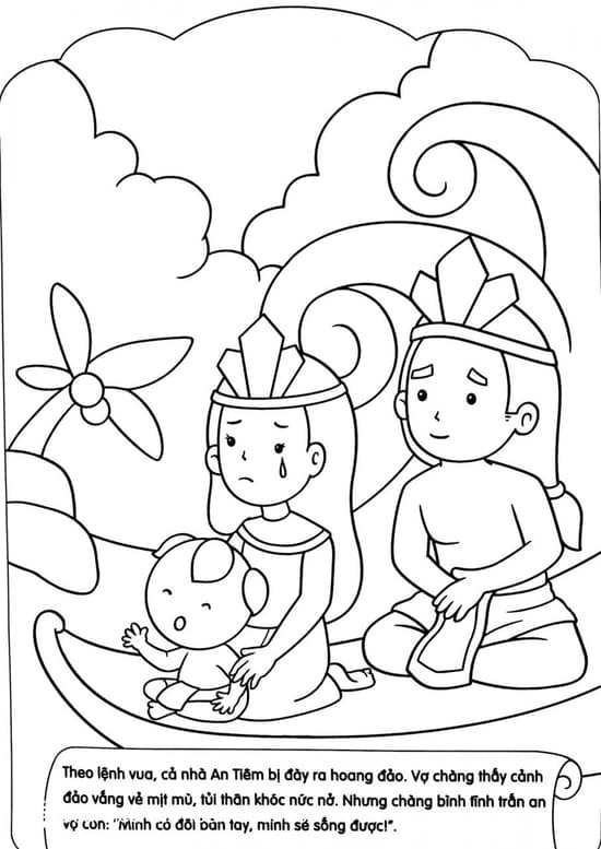 Tranh tô màu gia đình Mai An Tiêm bị đày lên hoang đảo