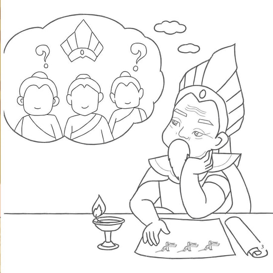 Tranh tô màu Vua cha đang suy nghĩ sẽ truyền ngôi cho ai