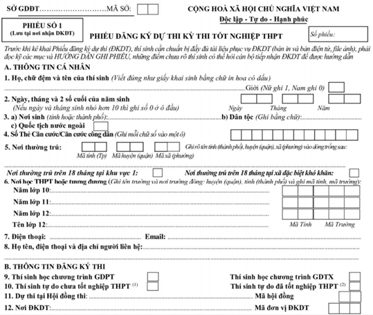  Phiếu đăng ký dự thi tốt nghiệp THPT 