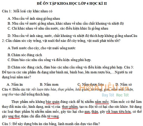 Đề cương ôn tập học kì 2 môn Khoa học lớp 4 Chân trời sáng tạo