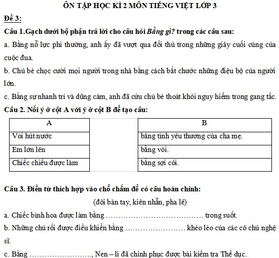 Đề ôn thi học kì 2 môn Tiếng Việt 3 sách Kết nối tri thức