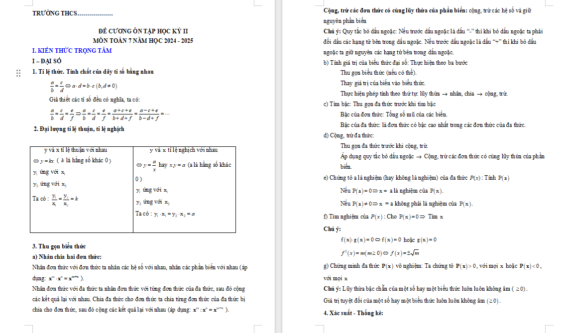Đề cương học kì 2 Toán 7