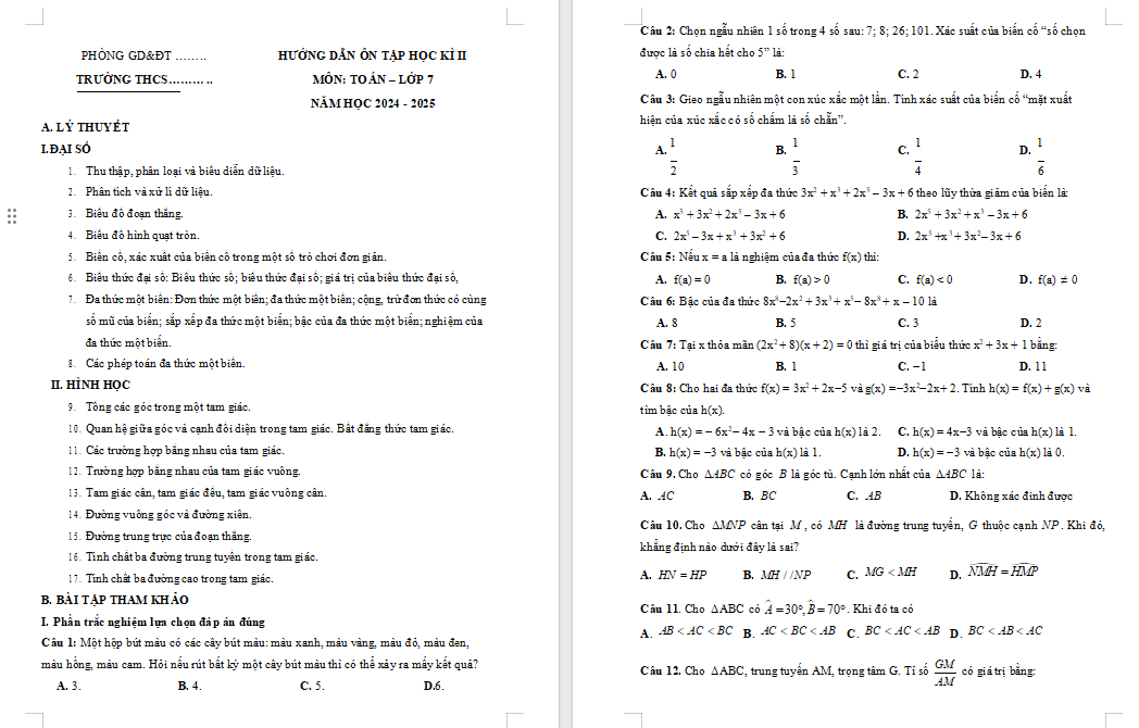 Đề cương học kì 2 Toán 7 Cánh diều