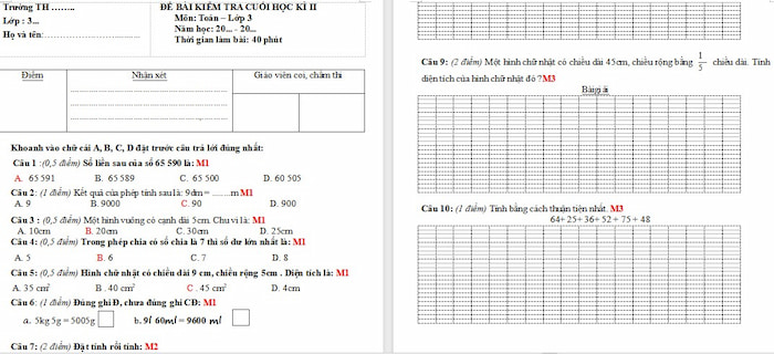 Đề kiểm tra học kì 2 Toán 3 Chân trời sáng tạo