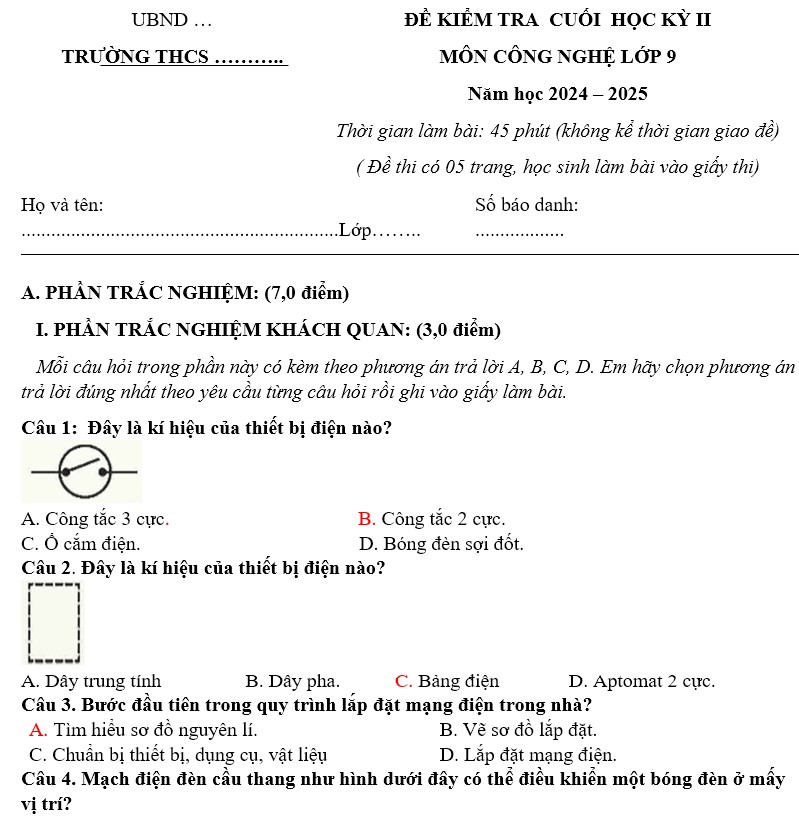 Đề kiểm tra cuối kì 2 Công nghệ 9 Lắp đặt mạng điện