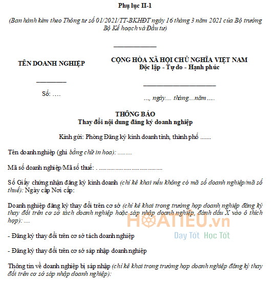 Mẫu thông báo thay đổi nội dung đăng ký doanh nghiệp - Phụ lục II-1