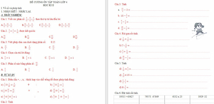 Đề cương ôn tập học kì 2 môn Toán lớp 4