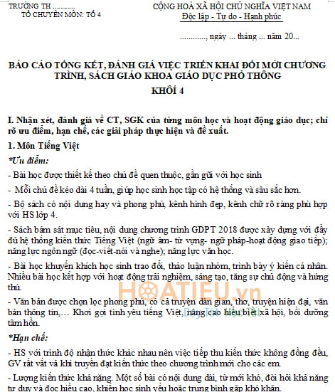 Báo cáo tổng kết đánh giá triển khai chương trình sách giáo khoa phổ thông 2018 lớp 4