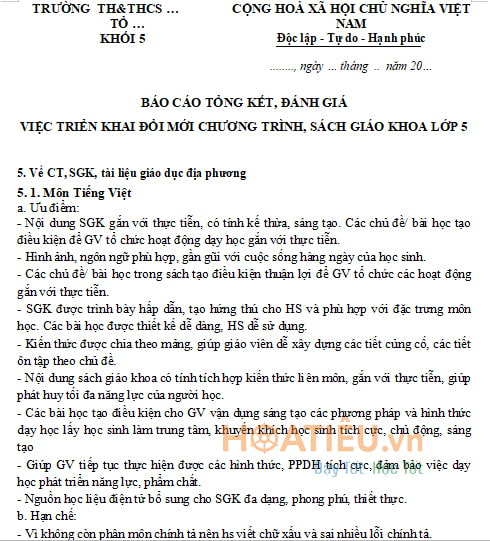 Báo cáo thực hiện Chương trình giáo dục phổ thông 2018 lớp 5