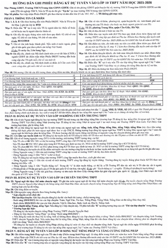 Phiếu đăng ký dự tuyển vào lớp 10 Hà Nội năm học 2025-2026 