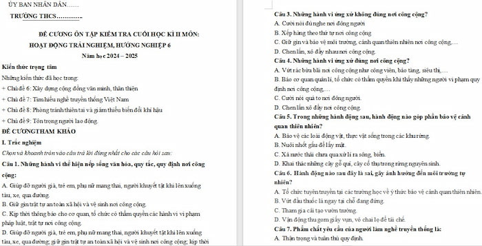 Đề cương trải nghiệm hướng nghiệp lớp 6 cuối kì 2 Chân trời sáng tạo