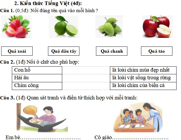 Đề thi học kì 2 môn Tiếng Việt lớp 1 Kết nối tri thức