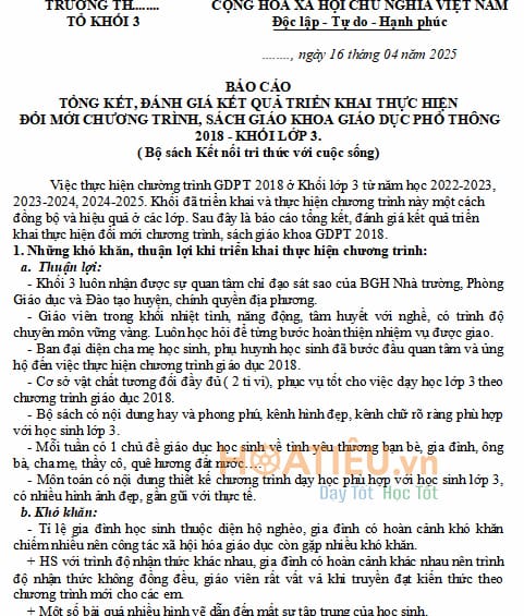 Báo cáo tổng kết đánh giá triển khai chương trình sách giáo khoa lớp 3