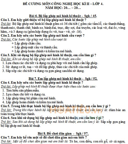 Đề cương HK2 môn Công nghệ lớp 4 Chân trời sáng tạo