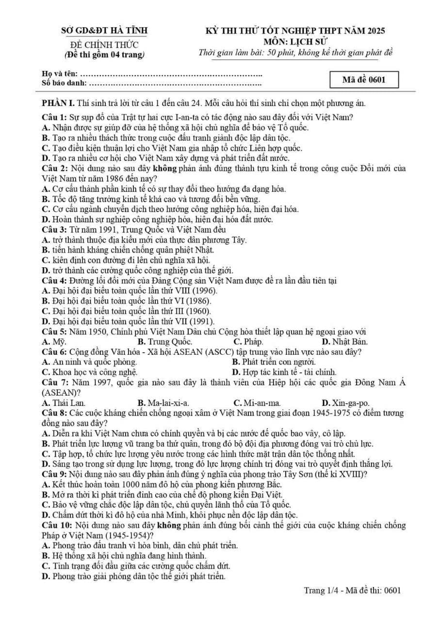 Đề thi thử THPT 2025 môn Sử Hà Tĩnh 
