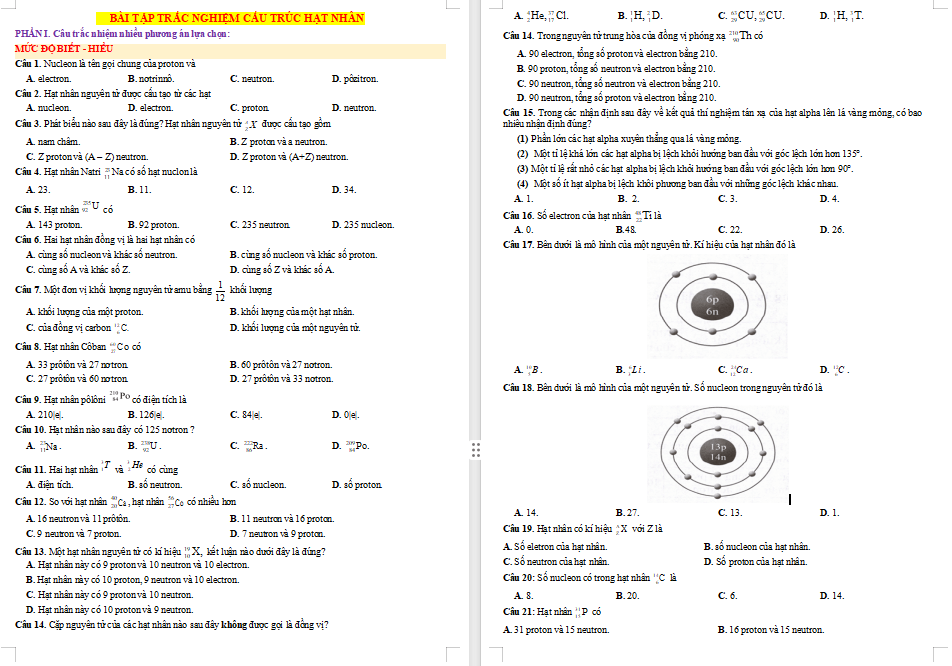 Các dạng bài tập về Cấu trúc hạt nhân