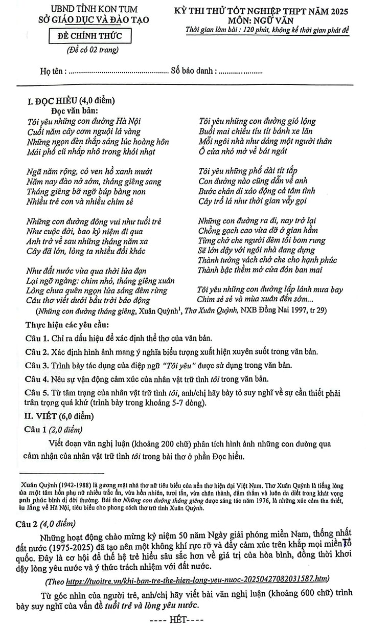 Đề thi thử THPT quốc gia 2025 môn Văn Kon Tum