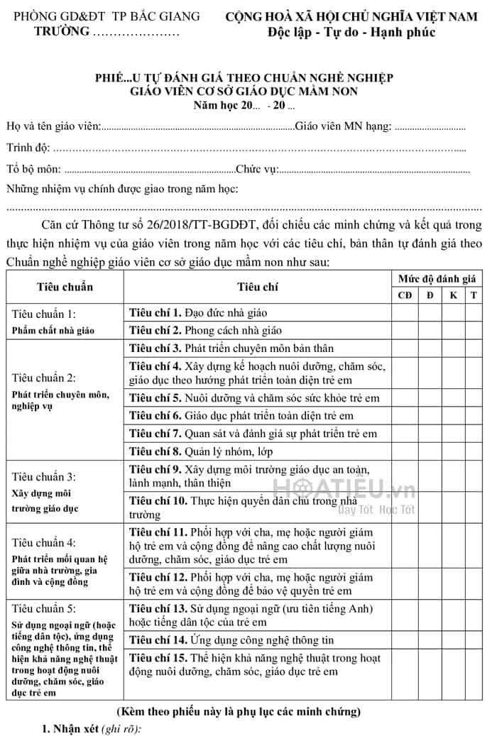 Phiếu đánh giá chuẩn nghề nghiệp giáo viên mầm non