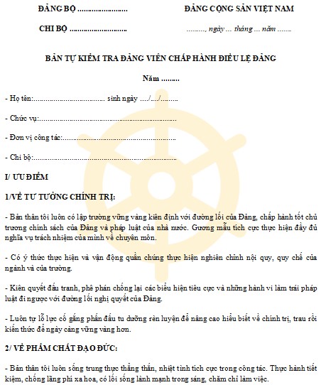 Mẫu bản tự kiểm tra Đảng viên chấp hành