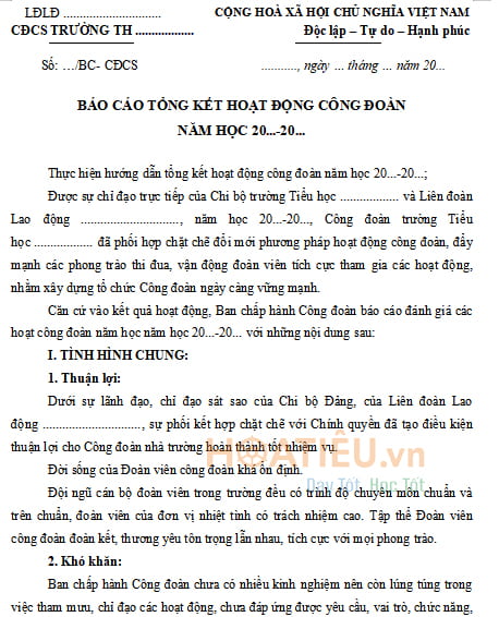 Báo cáo tổng kết hoạt động công đoàn cuối năm học