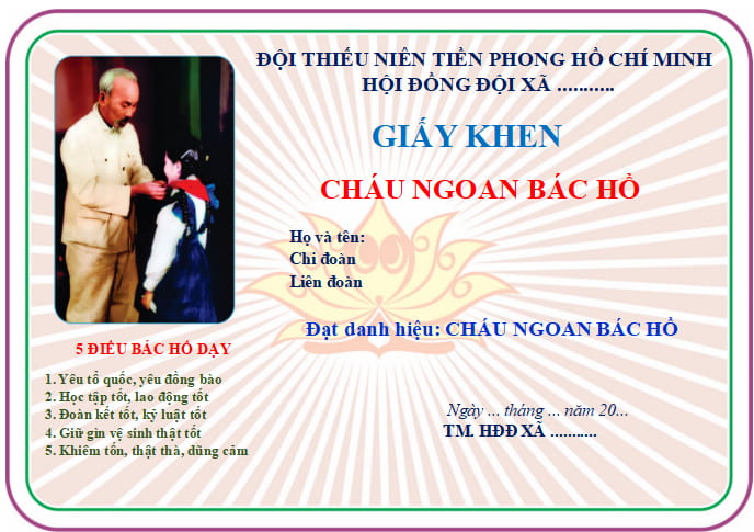 Mẫu giấy khen cháu ngoan Bác Hồ
