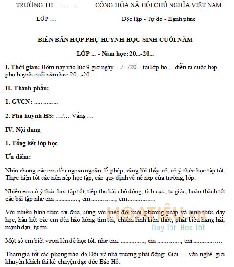 Biên bản họp phụ huynh cuối năm Tiểu học