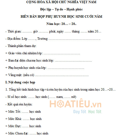 Biên bản họp cha mẹ học sinh cuối năm
