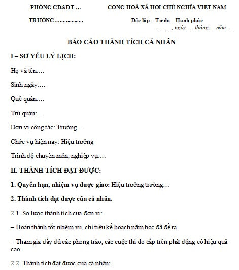 Báo cáo thành tích của hiệu trưởng trường Tiểu học