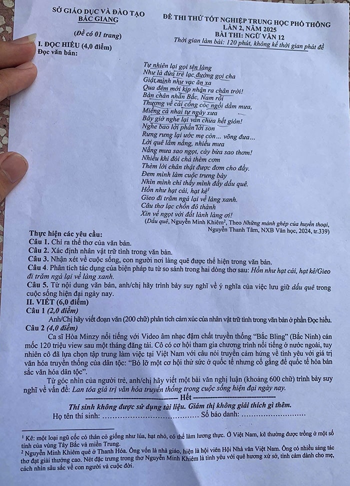 Đáp án đề thi thử THPT 2025 môn Văn Bắc Giang