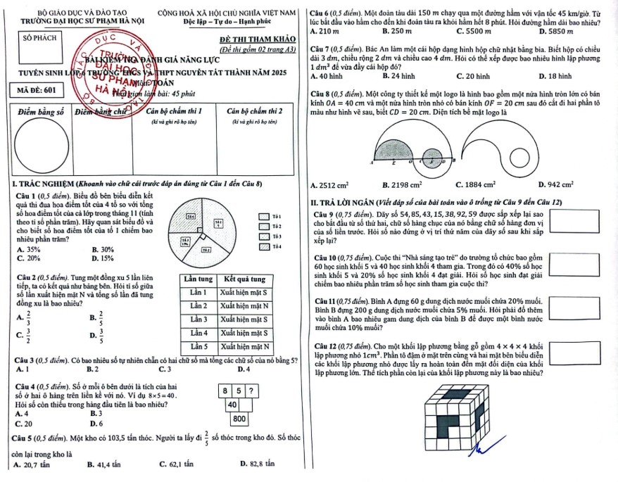 Đề tham khảo thi vào lớp 6 môn Toán Nguyễn Tất Thành 2025