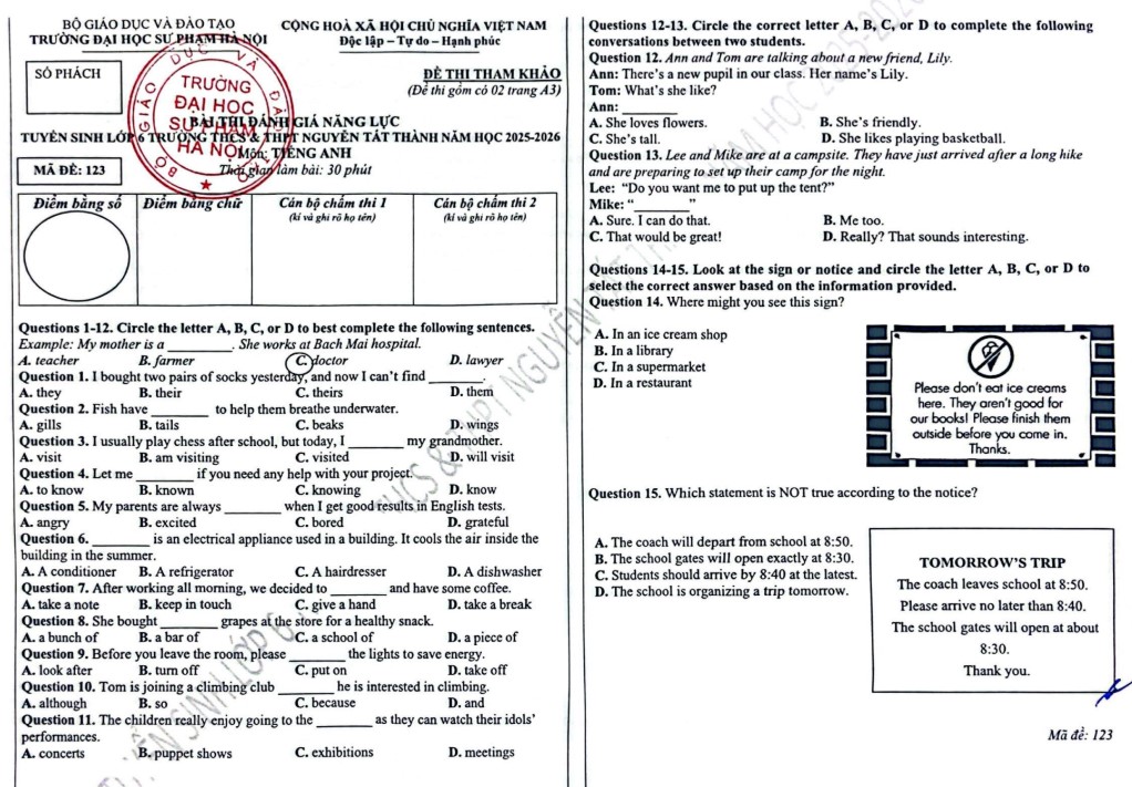 Đề tham khảo thi vào lớp 6 môn Tiếng Anh Nguyễn Tất Thành 2025