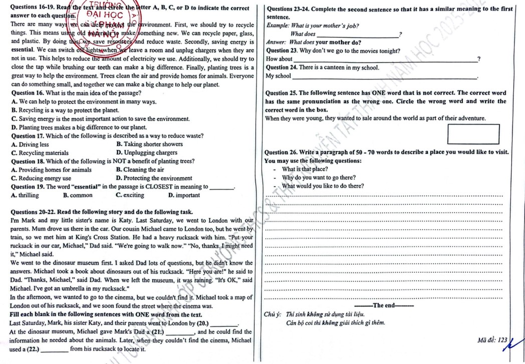 Đề tham khảo thi vào lớp 6 môn Tiếng Anh Nguyễn Tất Thành 2025