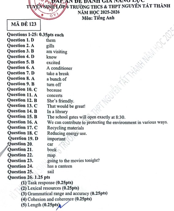Đề tham khảo thi vào lớp 6 môn Tiếng Anh Nguyễn Tất Thành 2025