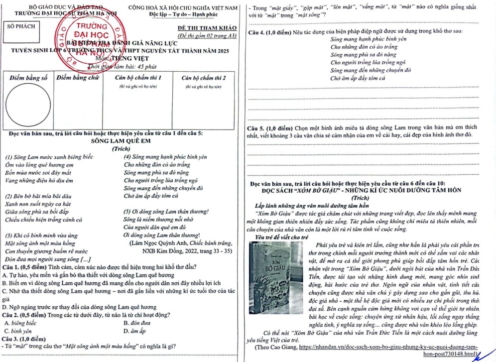 Đề tham khảo thi vào lớp 6 môn Tiếng Việt Nguyễn Tất Thành