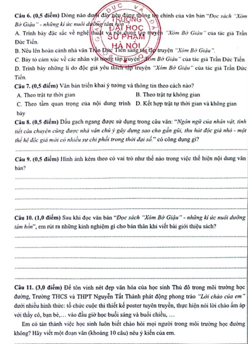 Đề tham khảo thi vào lớp 6 môn Tiếng Việt Nguyễn Tất Thành