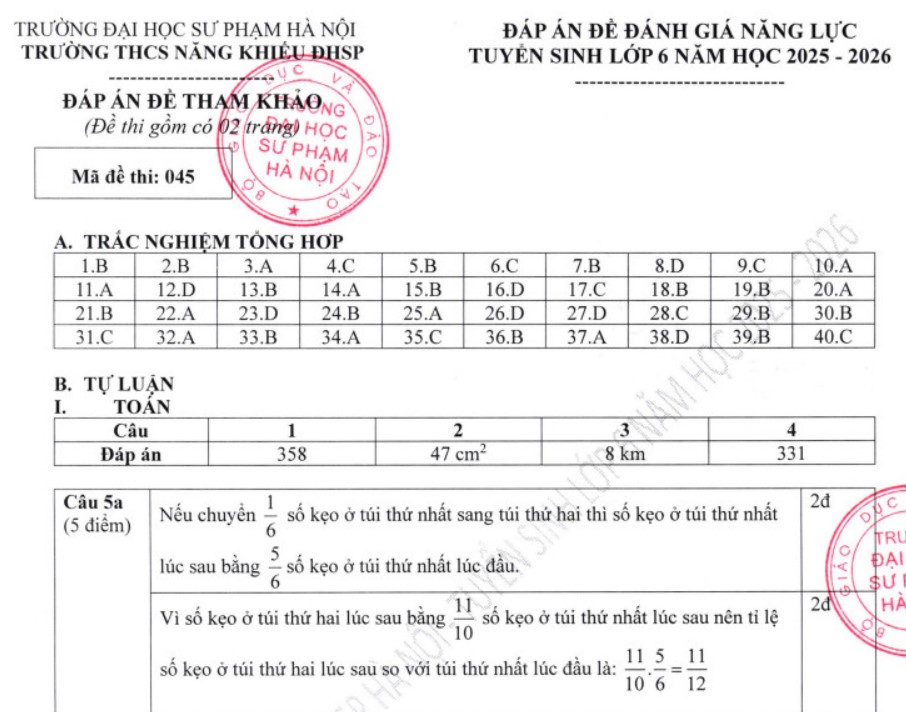Đáp án đề tham khảo thi vào lớp 6 THCS Năng khiếu HN 2025