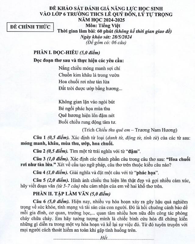 Đề thi vào lớp 6 môn Tiếng Việt trường THCS Lê Quý Đôn năm 2024