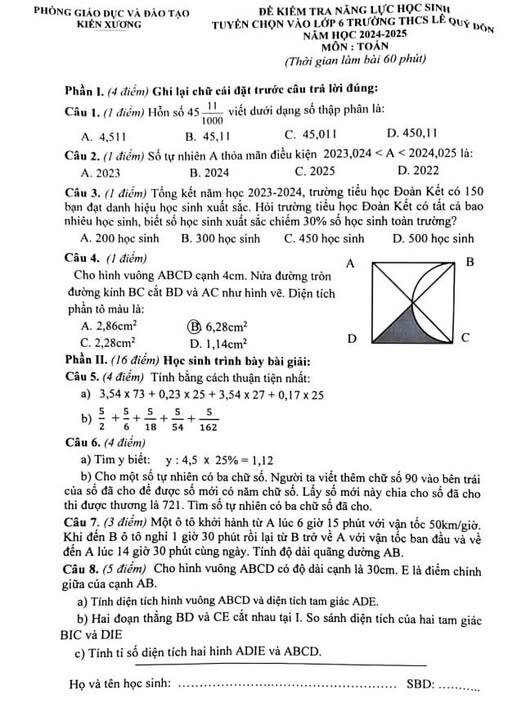 Đề thi vào 6 môn Toán trường Lê Quý Đôn Thái Bình năm 2024-2025