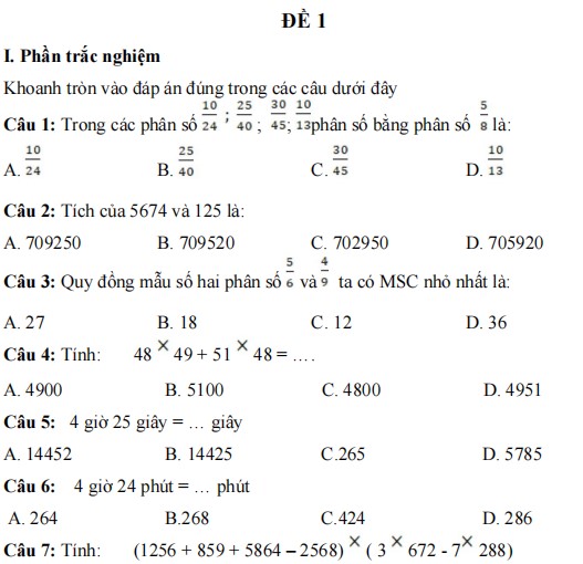 Ôn tập hè lớp 4 lên 5 môn toán có đáp án