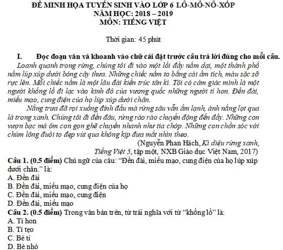 Đề minh họa đánh giá năng lực vào lớp 6 trường Lômônôxốp